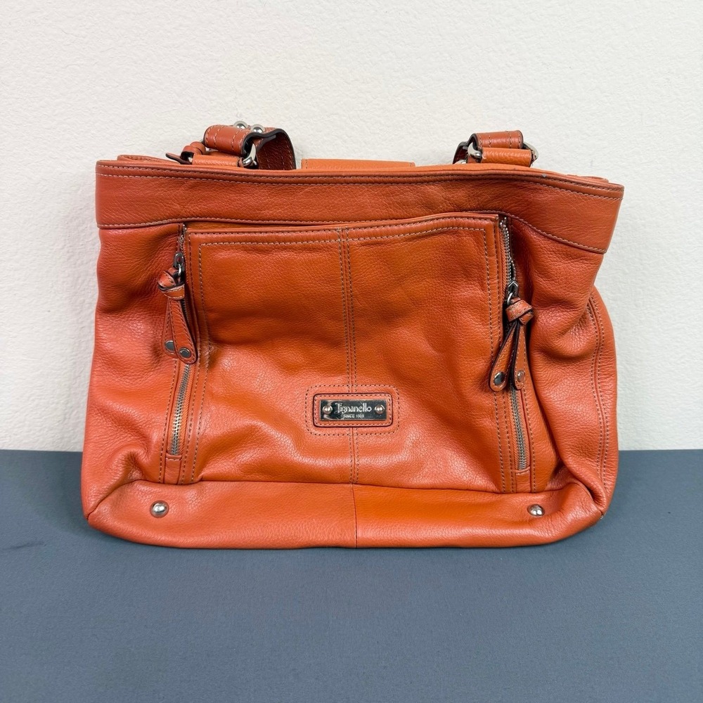 Tignanello Multi Pocket Pebbled Leather Orange Shoulder Bag Purse Satchel
